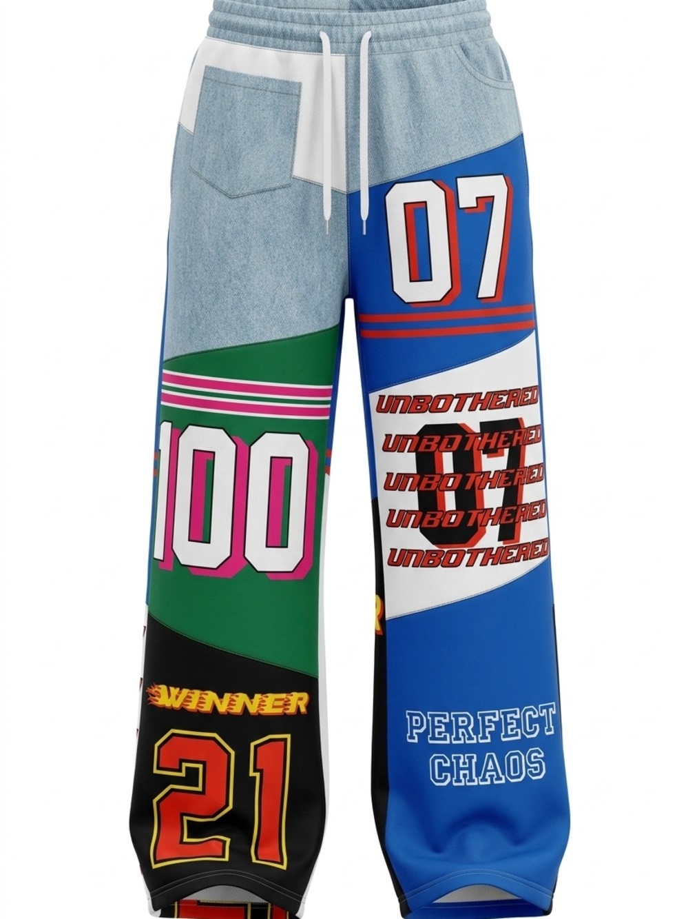Graphic Patchwork Athletic Joggers in Blue, Green, Black